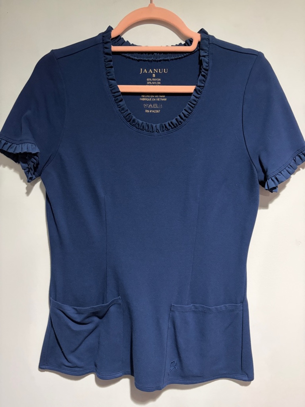 Jaanuu Navy Short-Sleeve Ruffle Trim Scrub Top